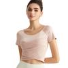 Chinese Style Women's Summer Yoga Top – Short Sleeve, Fixed Cups, Cross Mesh, Pleated, Slim Fit Sports Wear