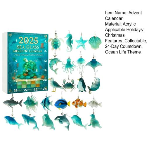 Ocean Life Advent Calendar 24-Day Christmas Countdown Calendar 2D Acrylic Ocean Life Decorations for Kids Adults Festive Gift