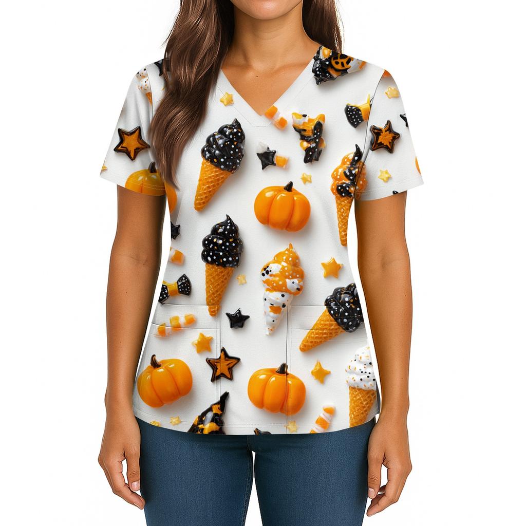 Women's Halloween Printed V-Neck Double Pocket Short Sleeves Hem Slit Uniform Caregiver Top