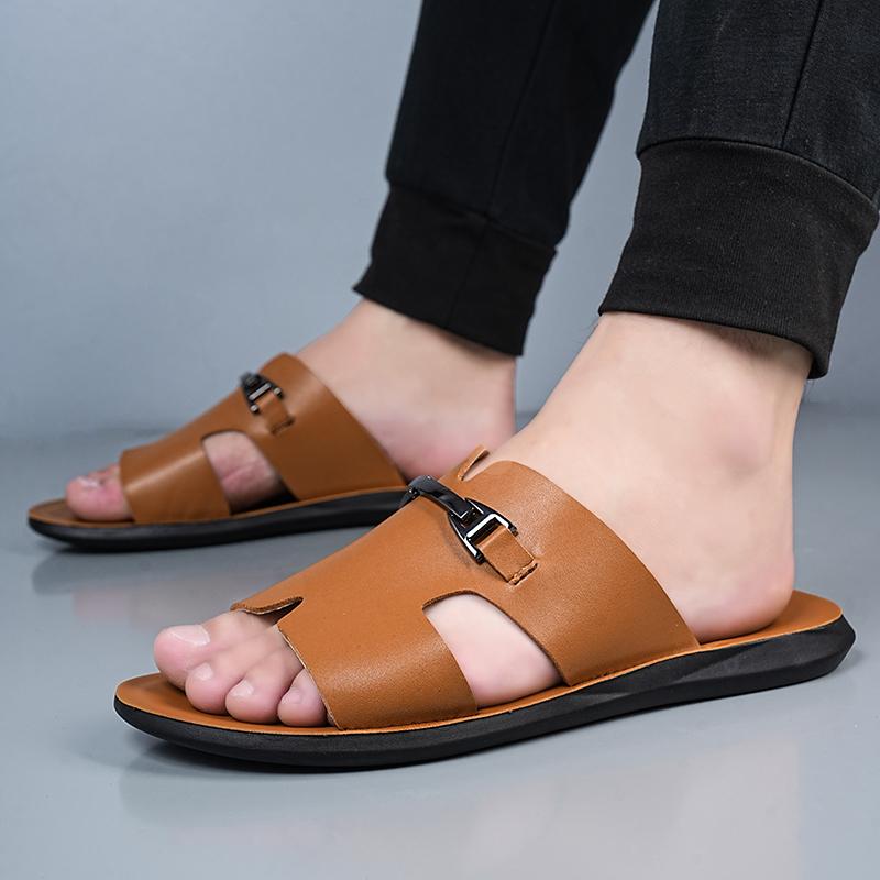 Herren Schwarz Leder Pantoffeln Flach Sommer Braun Sandalen Outdoor Weiß Breite Spitze Strandschuhe für Vater Übergröße 46 47 48