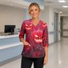 Womens Halloween Print V Neck Medical Scrub Top with Side Slits Three Quarter Sleeves and Front Pocket Nurse Uniform Shirt