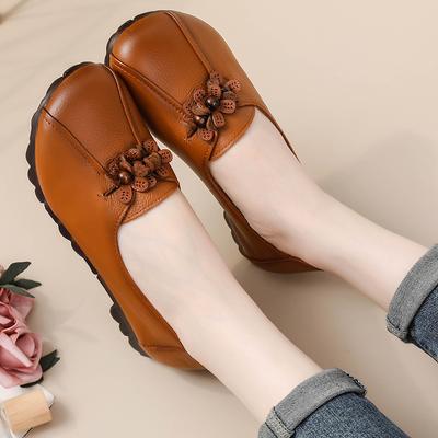 Fashion Flower Design Round Toe Solid Color Flat Shoes Vintage Genuine Leather Women Flats Handmade Women's Ballet Flats Shoes
