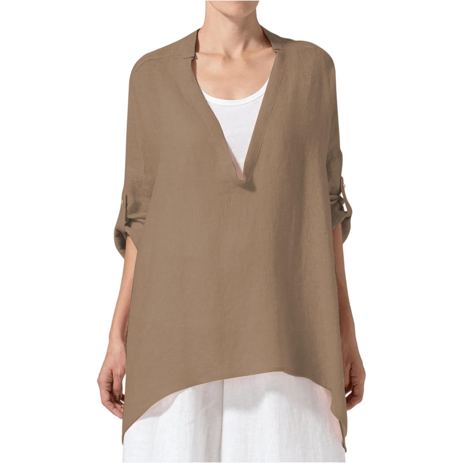 

Fashionable Women s Solid Color Cotton And Linen Loose V-neck Top L