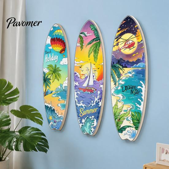Summer Island Room Decoration 3Pcs Wooden Beach Surfboard Wall Decor, Tropical Ocean Theme Hanging Sign, Seaside Bedroom Ornament for Living Office TV