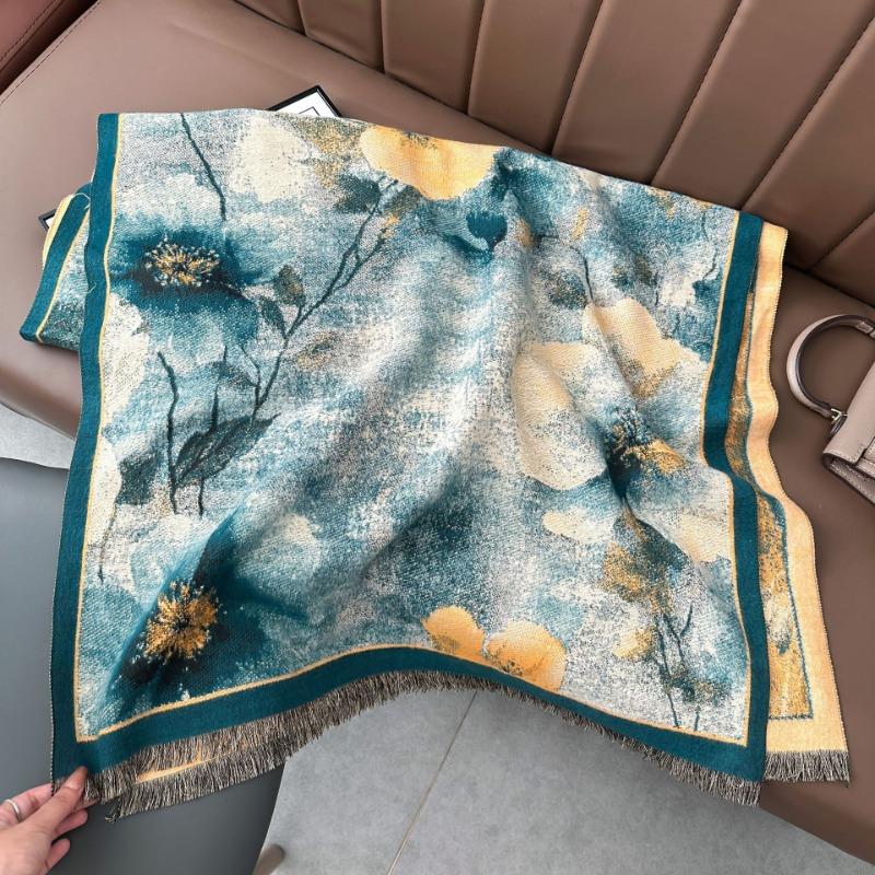 Vintage oil painting style flower short beard thickened double-sided scarf air-conditioned room shawl winter women's outer cape women