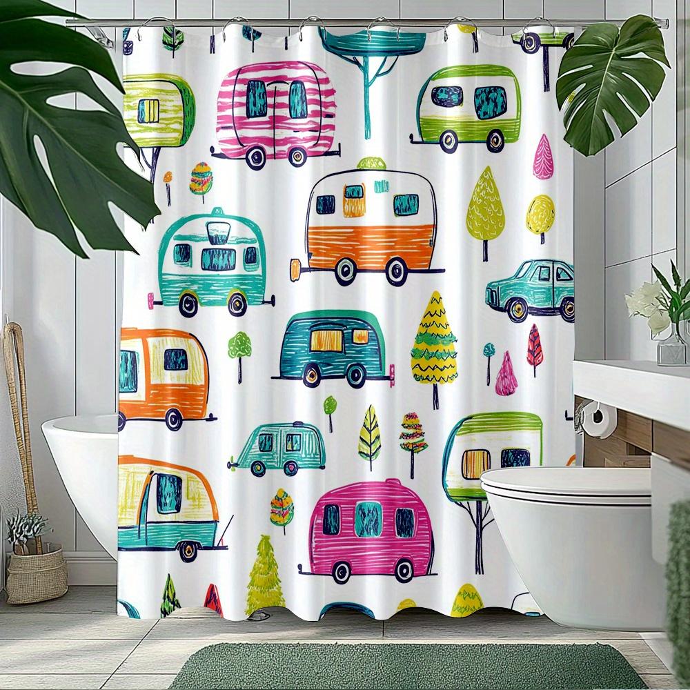

1Pc Whimsical Retro Campervan & Tree Shower Curtain - Cartoon Style Polyester Fabric Perfect For Playful Bathroom Decor W60H190(CM)-1 Pcs