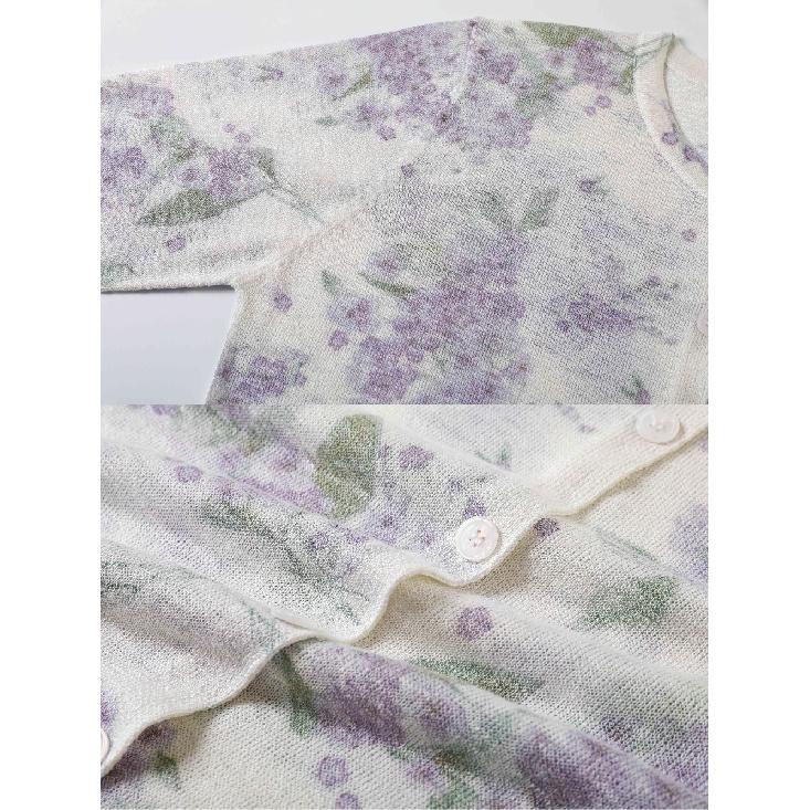 Summer Women's O-Neck Floral Print Knit Cardigan Long Sleeve Lightweight Casual Sweater Jacket Anti-Darkness