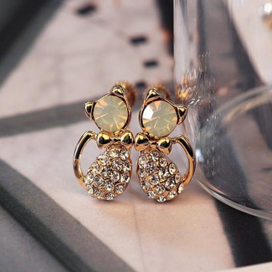 Elegante Feminino Bonito Gato Cristal Strass Liga Brincos Brincos Jóias