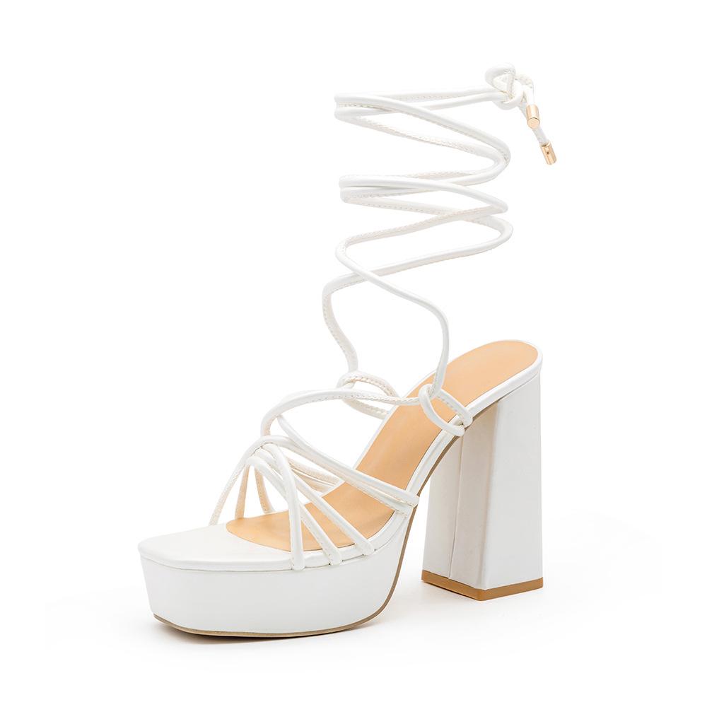 

European & American Autumn/Winter Women s Large Size Sexy Strappy Chunky Heel White Waterproof Platform Sandals US9