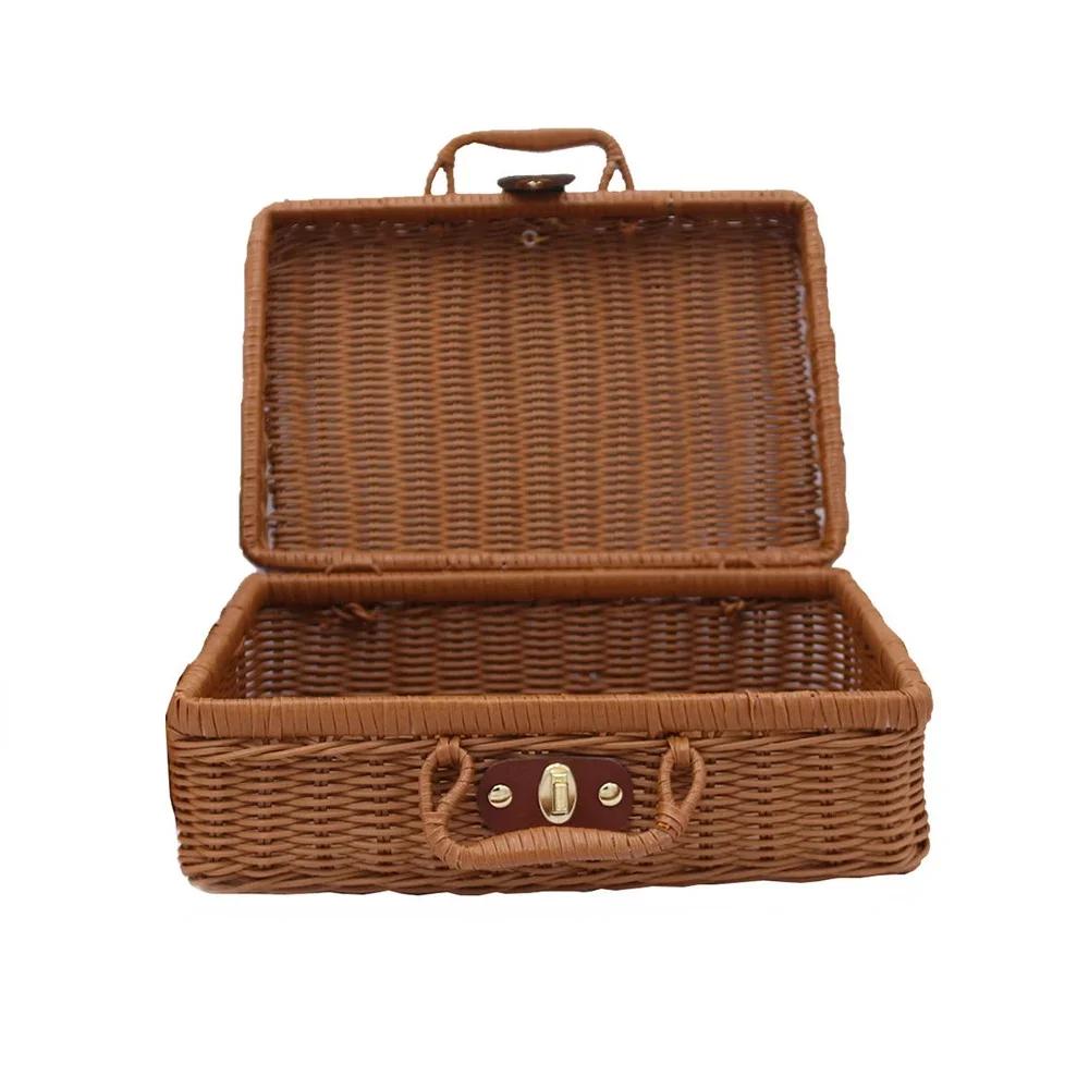 Hand-woven Rattan Wicker Basket Fruit Tea Snack Bread Baskets Cosmetics Rectangular Storage Box Household Kitchen Supplies