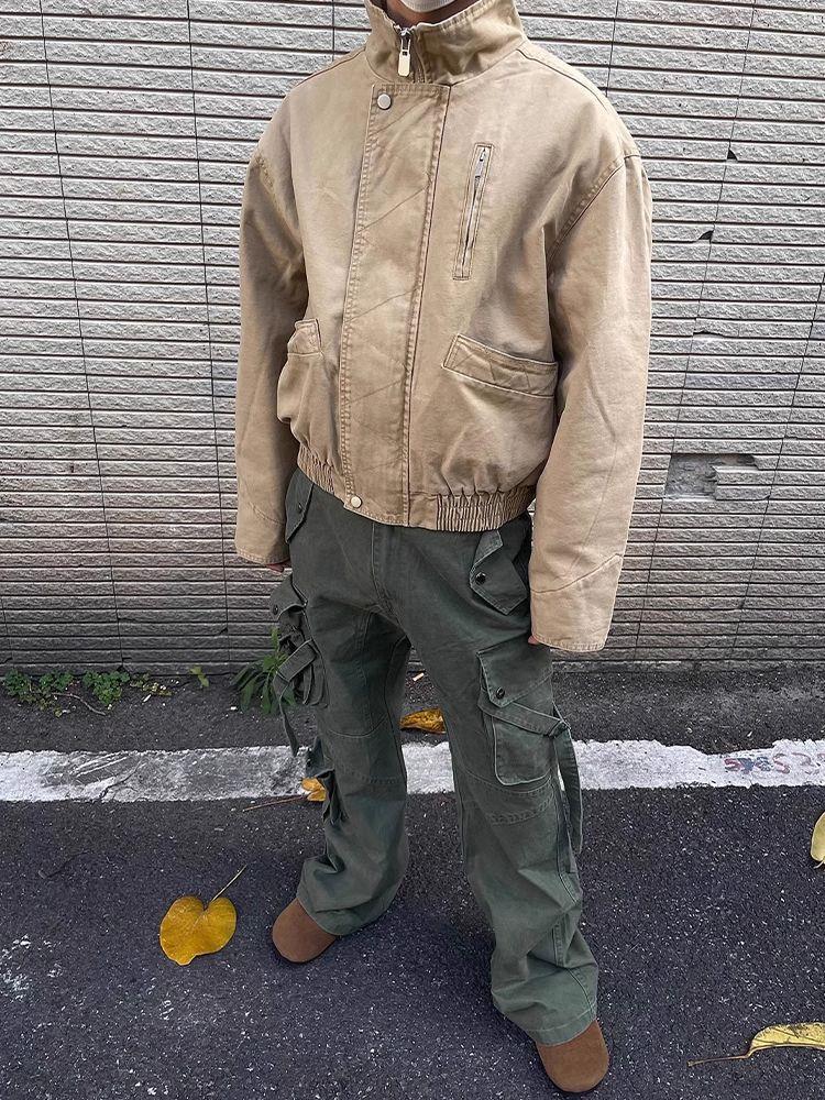 Unisex Khaki Wide Bomber Jacket: American-Style, Stand Collar, Distressed Workwear 