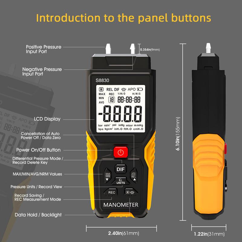 Manômetro Digital T9-S8830 ±36,8 kPa Testador de Pressão HVAC de Porta Dupla 12 Unidades Armazenamento de 99 Dados Luz de Fundo