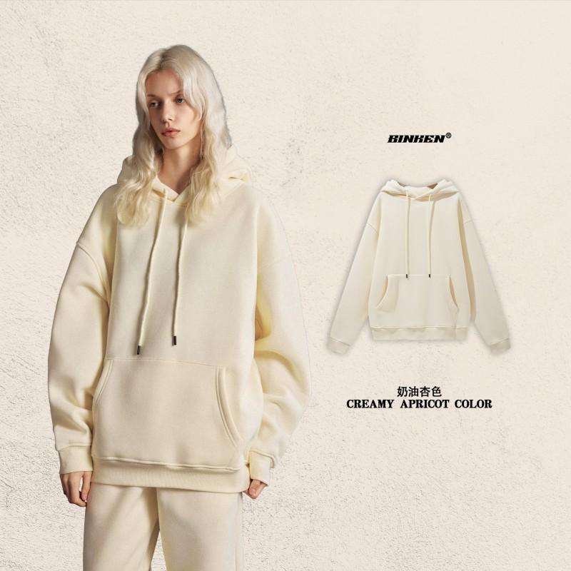 Men Women Warm Fleece Lined Hooded Sweatshirt Set Casual Loose Fit Winter Outfit Pure Color Streetwear