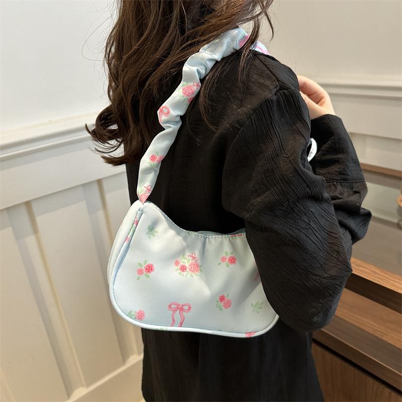 Women's Underarm Bag Summer Canvas Pleated Handlebags Armpit Purse FloralBow Printed Zipper Tote Handbag Female Shoulder Bag