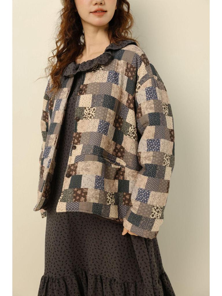 2025 Winter Mori Girl Patchwork Baumwolljacke - Literarischer Stil, Lockere Passform, Rundhalsausschnitt, Vielseitige & Verjüngende Damenoberbekleidung