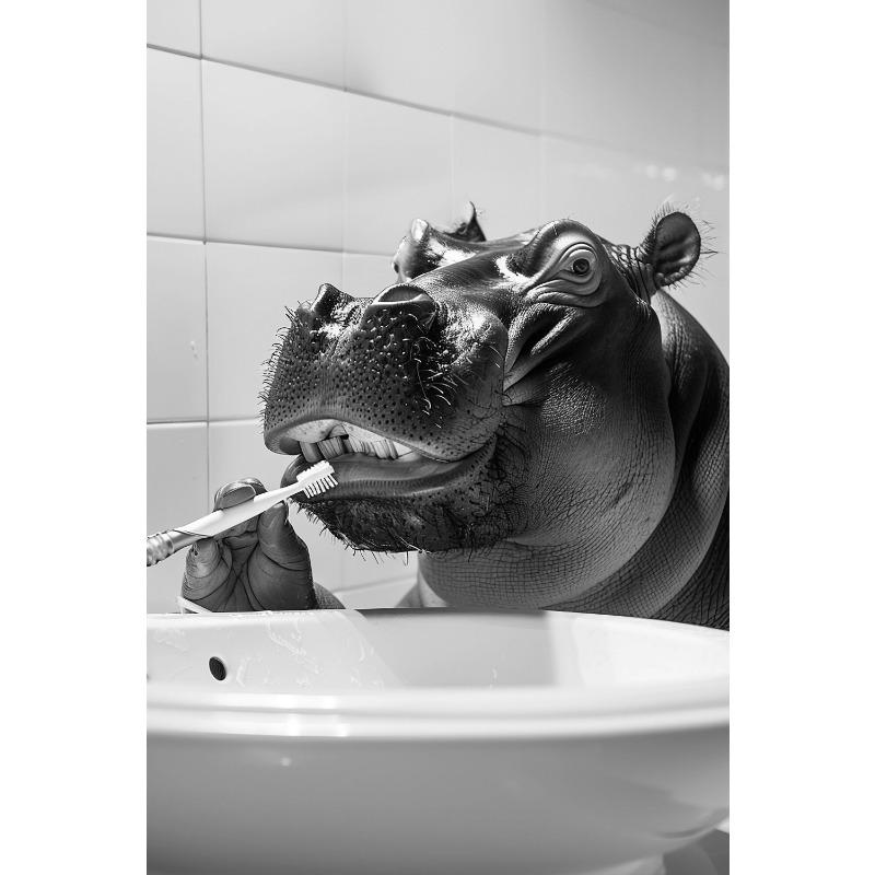 Black And White Cartoon Abstract Cute Animals Duck Hippo Panda Alpaca Brush Teeth Posters Canvas Prints Art Home Room Wall Decor
