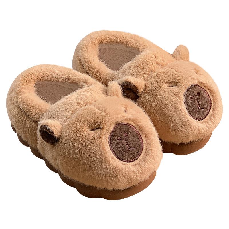 Capybara Winter Cotton Slippers: Cute Non-Slip Indoor Fur Shoes with Package Heel for Couples.