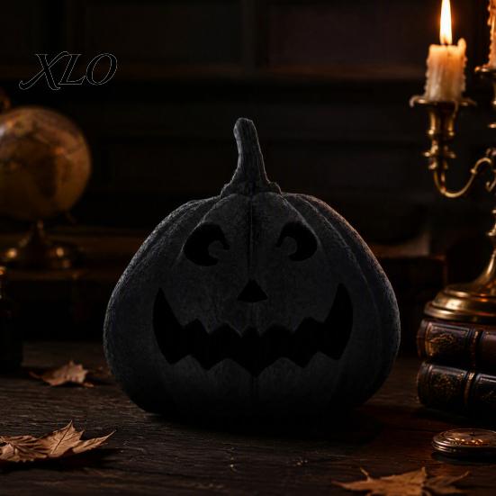 Durable Seasonal Table Centerpiece Halloween Pumpkin Figurine, Black Resin Spooky Face Sculpture, Reusable Decor Gothic Tabletop for Home Mantel