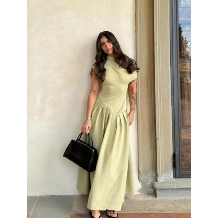 Women Elegant Green Pleated Dress Fashion O Neck Short Sleeve Patchwork Long Dresses 2025 New Casual Office Lady Streetwear