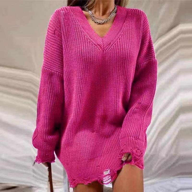 Women s V-Neck Chunky Knit Sweater, Ribbed Detail Oversized Pullover with Distressed Design, Boho Chic Loose Fit Top for Casual Comfort S