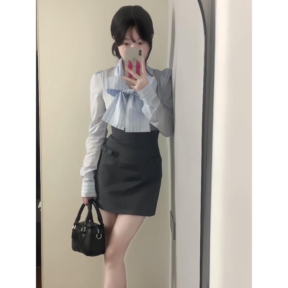 

2026 Spring Women s Two-Piece Set: Long Sleeve Shirt with Bow & High Waist Hip-Hugging Mini Skirt for Work S