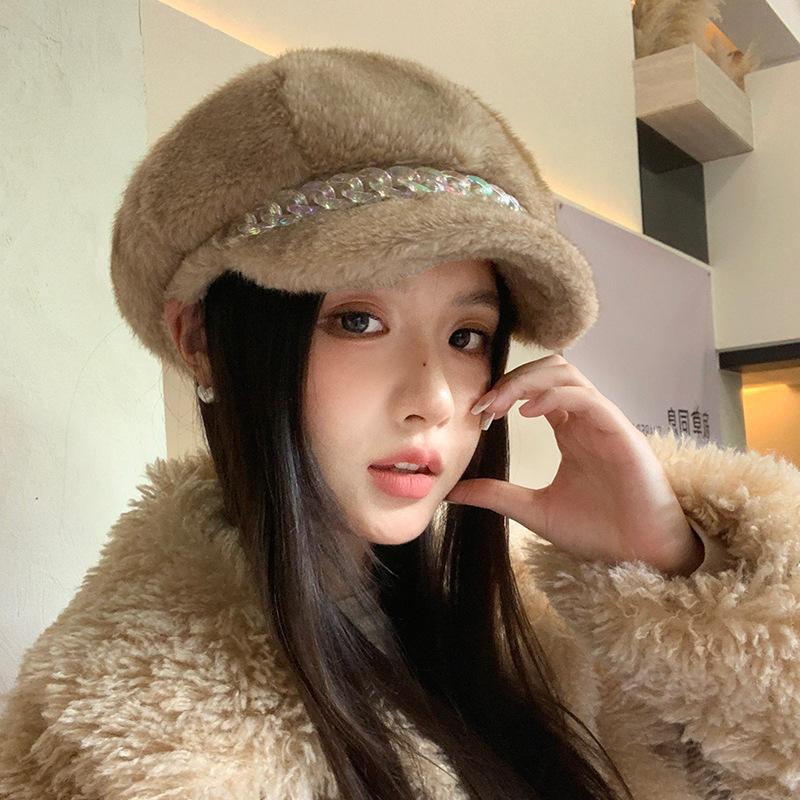 Hat Women's Autumn and Winter Imitation Mink Hair Color Chain Beret Plus Velvet Thickened Windproof and Warm Hat Art Retro Octagonal Hat