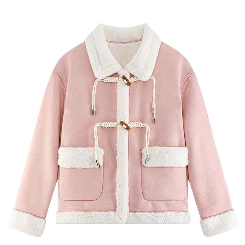 

Chic Lambswool Coat - Women s Autumn/Winter Short Loose Fit with Horn Buttons and Round Neck L розовый