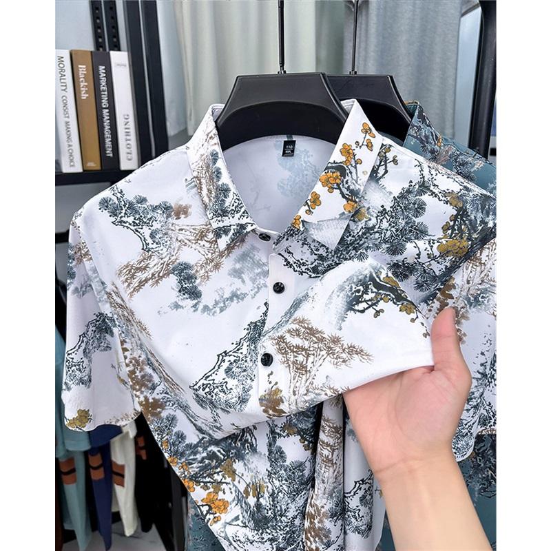 Chinese Style Ink Plum Blossom Short Sleeved Shirt For Men Retro Breathable Shirt