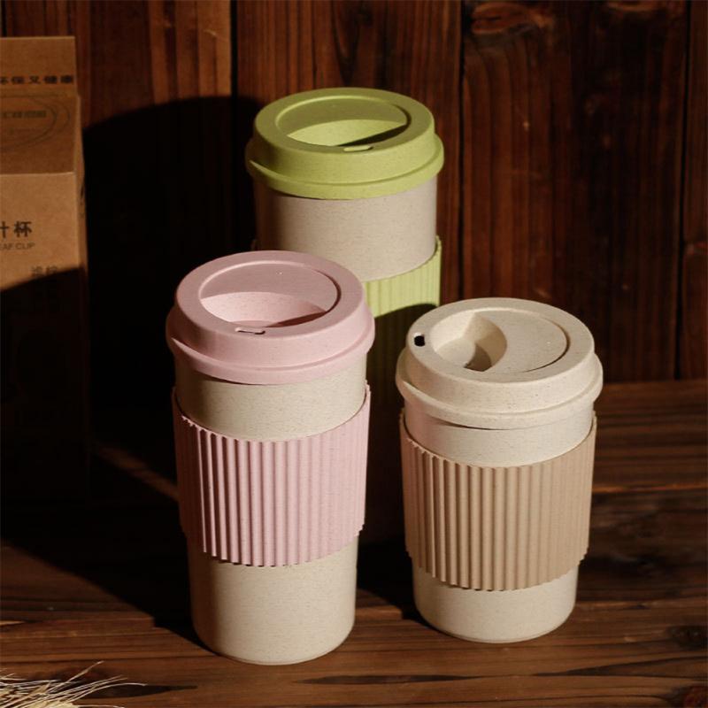 Reusable Coffee Tea  Cup Wheat Straw Mug Coffee Cup With Lid Home Outdoor Water Bottle