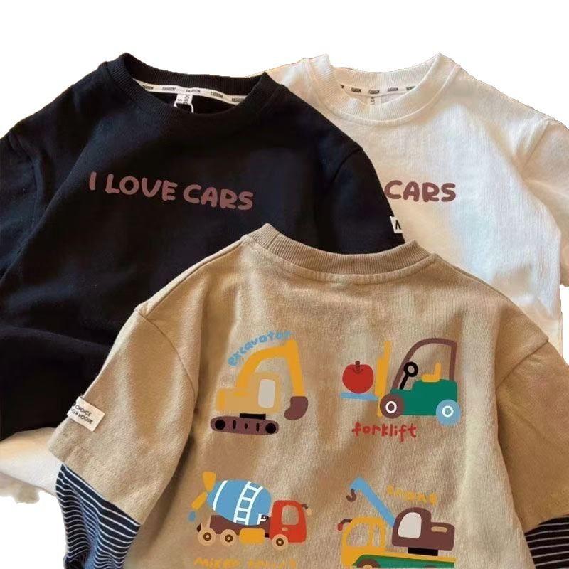 Boys Cotton Long Sleeve T Shirt with Excavator Car Print Mock Layered Base Top
