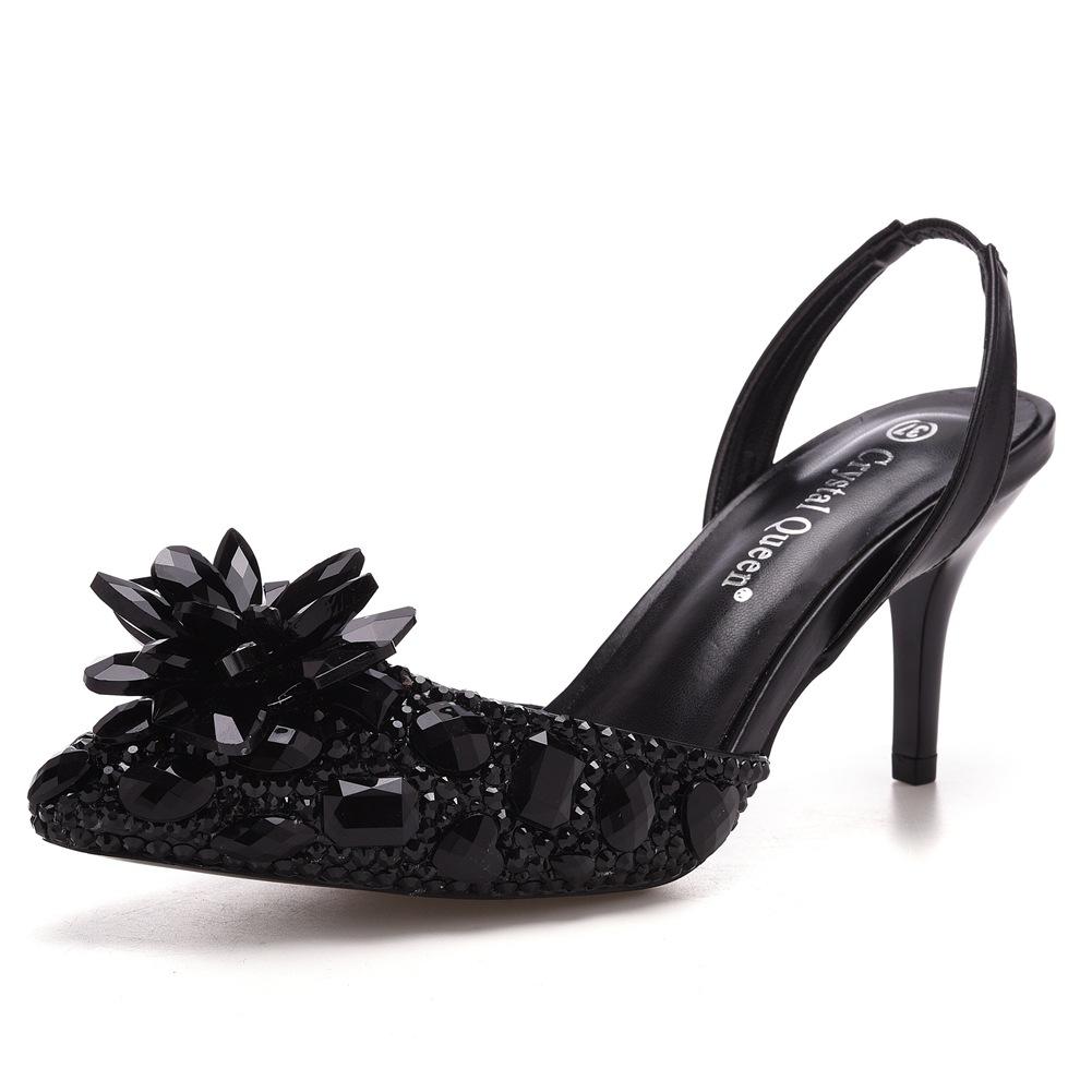 7cm Silver Light Mouth Pointed Sandals Rhinestone Glass Flower Thin Heel Sandals Large Size Wedding Shoes Bride Wedding Women's Shoes