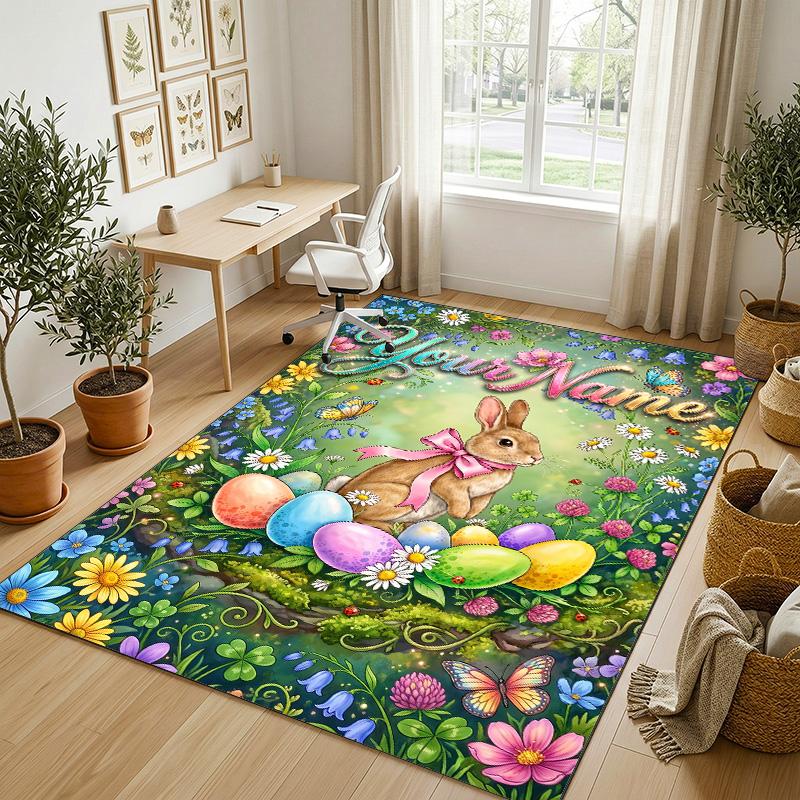 Easter Bunny Theme Crystal Velvet Rug Personalized Custom Name Text Soft Floor Mat Home Decor