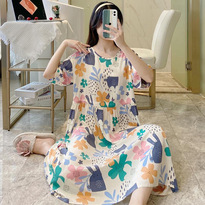 Short-sleeved all-person cotton and silk nightdress, innovative retractable belt, floral knee-length skirt, large skirt, enlarged version