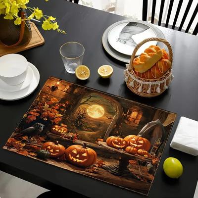 1PC Halloween Linen Meal Mat Set Evil Pumpkin Placemat for Decorating The Kitchen Dining Table Protection Tabletop