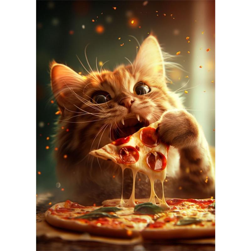 Funny Cat Eating Pizza Canvas Prints Posters Mural Cute Pet Kitten Pizza Poster Canvas Wall Art Painting Pictures for Home Decor