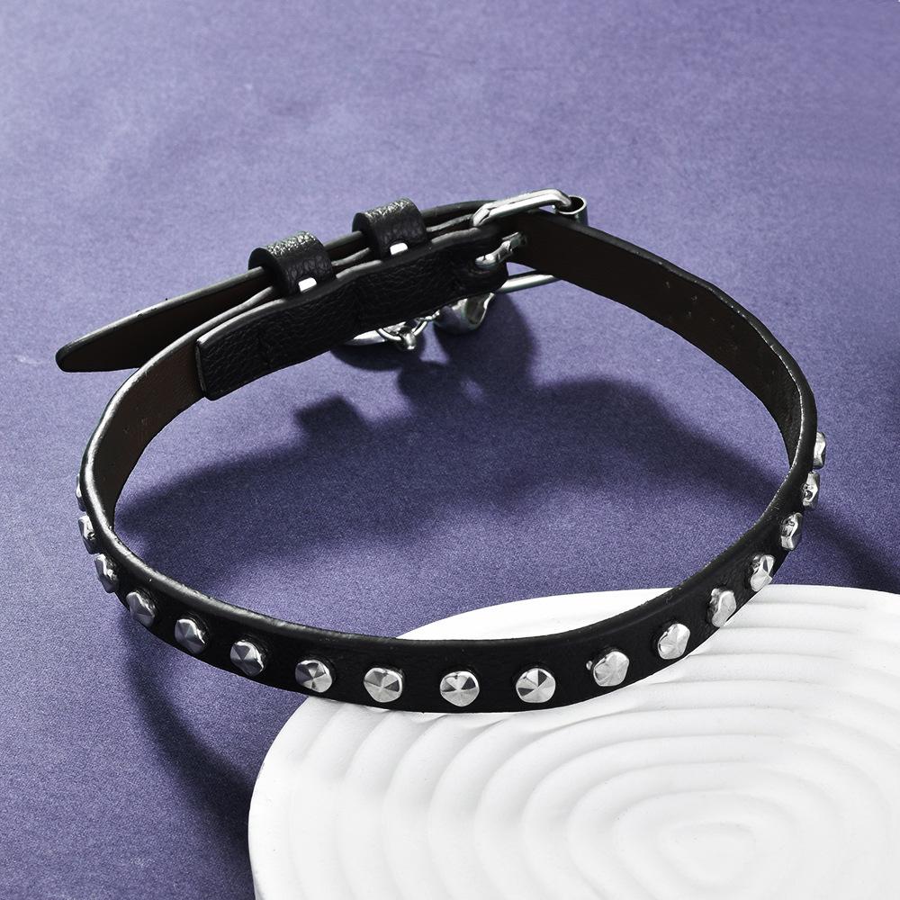 Gothic Skull Choker & Black Rivet Wristband: Dual-Use Punk Leather Neckband for Hot Girls