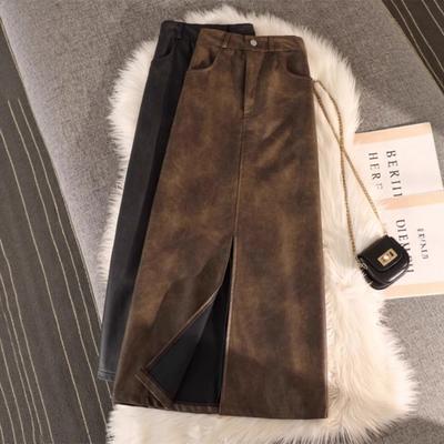 Jupe Midi Crayon Fendue en Cuir Rétro Marron Maillard Taille Haute Automne Hiver pour Femme
