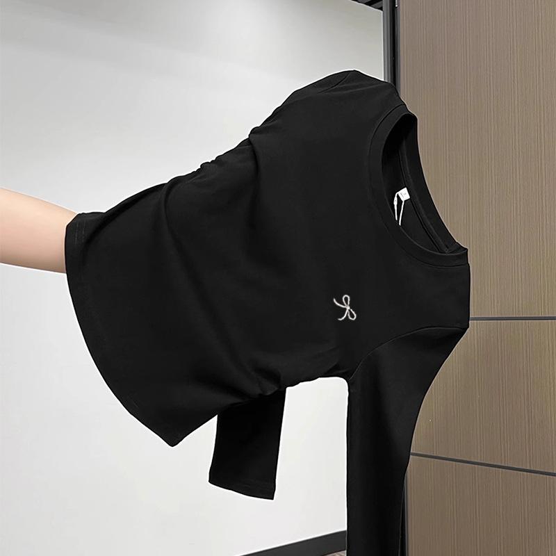 Round Neck Structured Shoulder Long Sleeve Tee Women Early Autumn Curved Hem Ruffle Waist Slim Base Layer Top