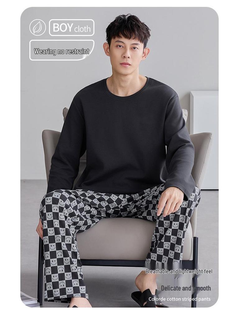 Herren Pyjama-Set aus reiner Baumwolle mit Karomuster – Langärmlig, Übergröße, Teenager-freundlich, Für drinnen oder draußen, Frühling/Herbst.