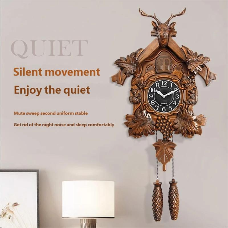 Wall Mounted Cuckoo Clock with European Retro Deer Head Design and Hourly Chimes Quiet Accurate Timekeeping A0KF