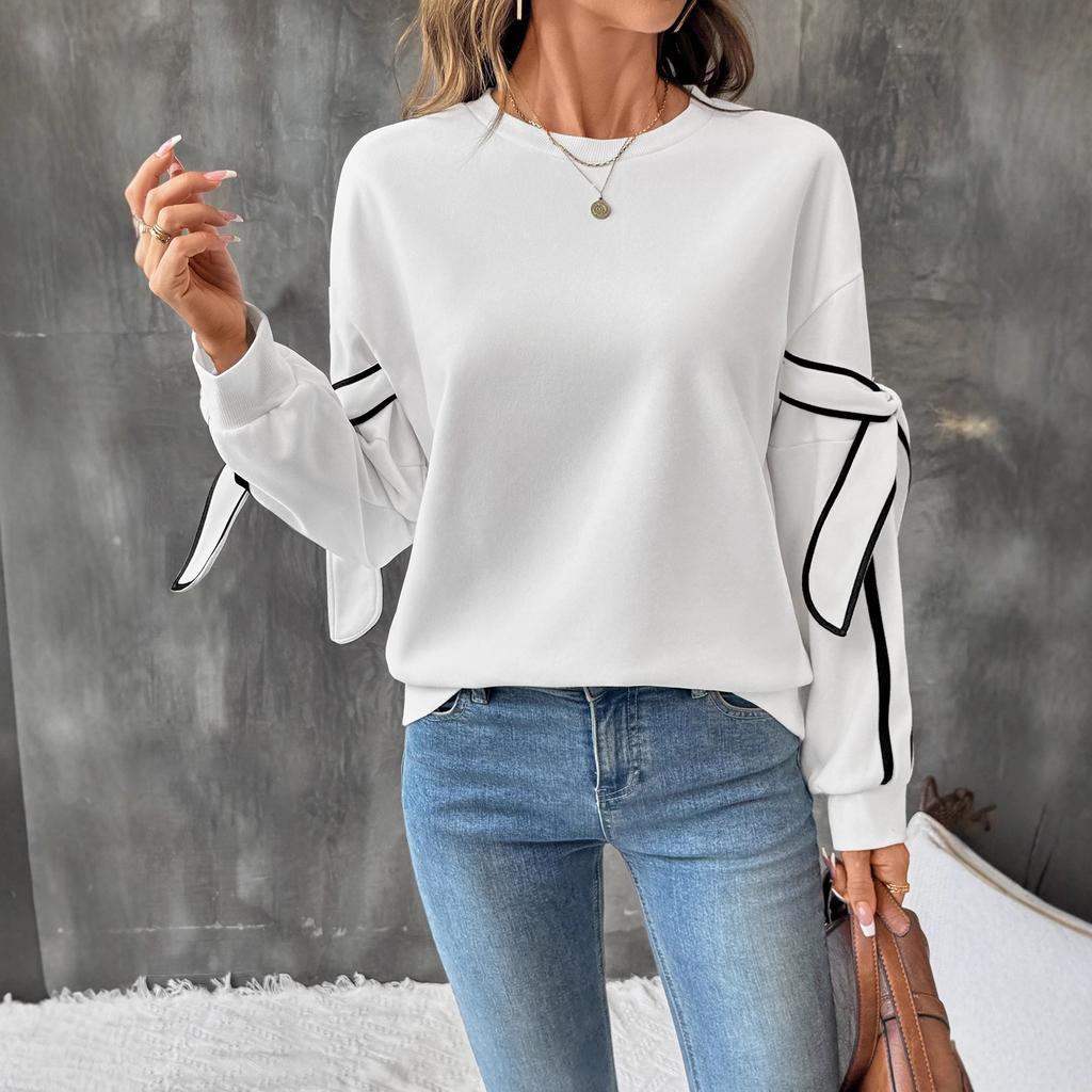 Autumn Women's New Contrast Color Three-dimensional Bow Round Neck Long-sleeved Pullover Sweatshirt