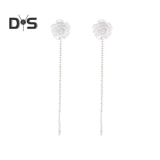 

1 пара женских серег-гвоздиков в форме розы с 3D линейными кисточками, длинные висячие серьги для выпускного вечера, вечеринки, невесты, свадьбы, украшения для ушей серебряный