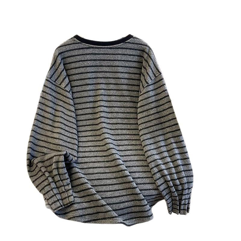 Plus Size Velvet Color Block Striped T-shirt: Korean Style, Long Sleeve, Loose Fit, Slimming & Warm Women's Top