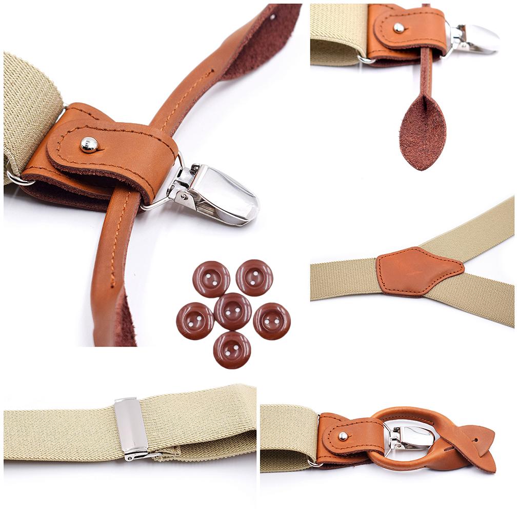 Men 2-in-1 Y-Back Suspenders Elastic 6 Clips Button End Genuine Leather Braces