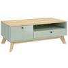 Living Room Coffee Table, Rectangular Side Table with Drawer, Door and Open Compartment, Light Green and Oak