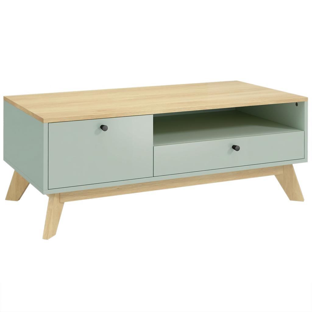 Living Room Coffee Table, Rectangular Side Table with Drawer, Door and Open Compartment, Light Green and Oak