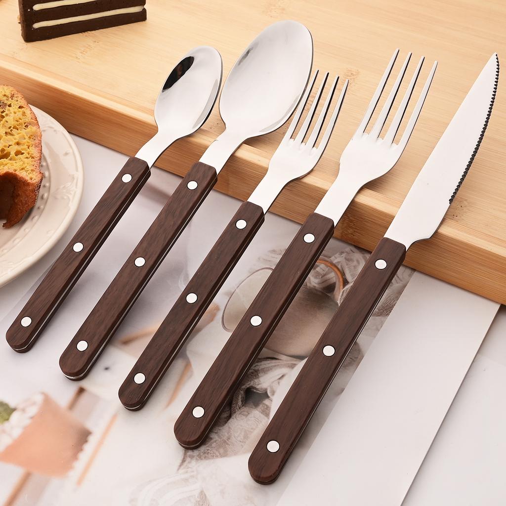 4/5pcs Imitation Wooden Handle Cutlery Set Clamp Stainless Steel Dinnerware Set Western Knife Fork Tea Spoon Tableware Flatware