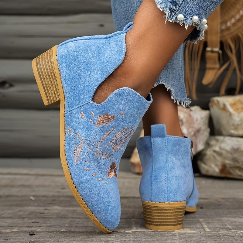 UMIK Women'S Vintage Embroidered Ankle Boots - Pointed Toe Low Heel with Side Zipper, Breathable Cut-Out Design, Lightweight Fabric Upper