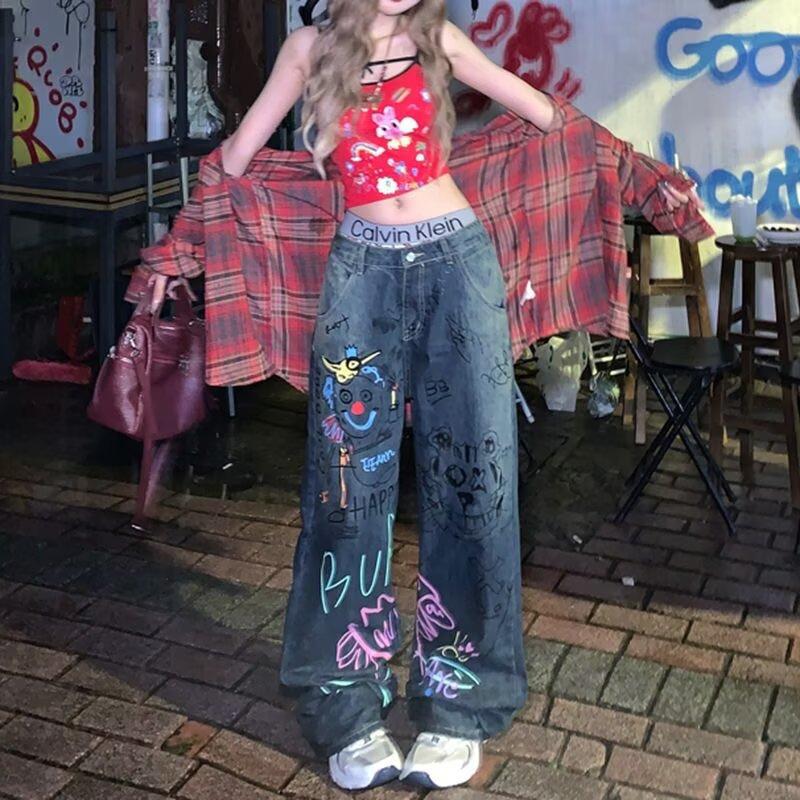 American graffiti print straight jeans women's spring new high street design sense loose wide leg mopping pants