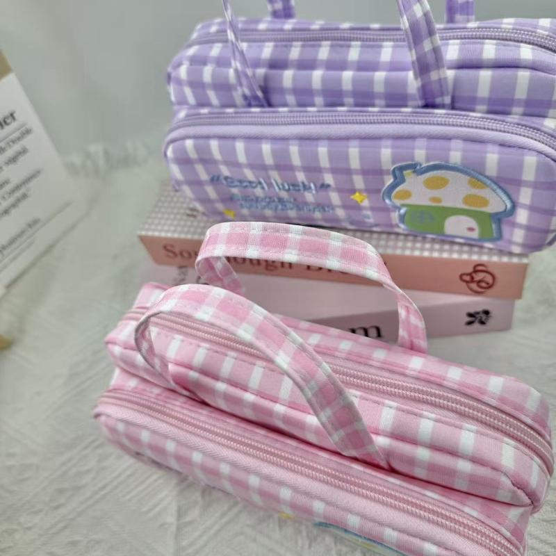Double Layer Plaid Student Pencil Box With Handle 2 Zippers Durable Stationery Holder for Middle High School Students